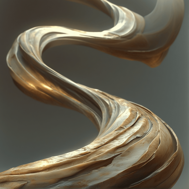A twisting golden ribbon shape floats against a plain gray background with soft lighting.