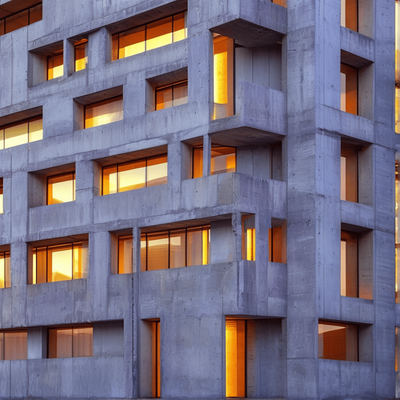 Geometric concrete architecture displays dark frames contrasting with intense yellow light from inside each room.