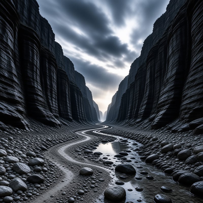A silvery stream meanders across a rocky riverbed flanked by massive dark canyon walls and moody skies.