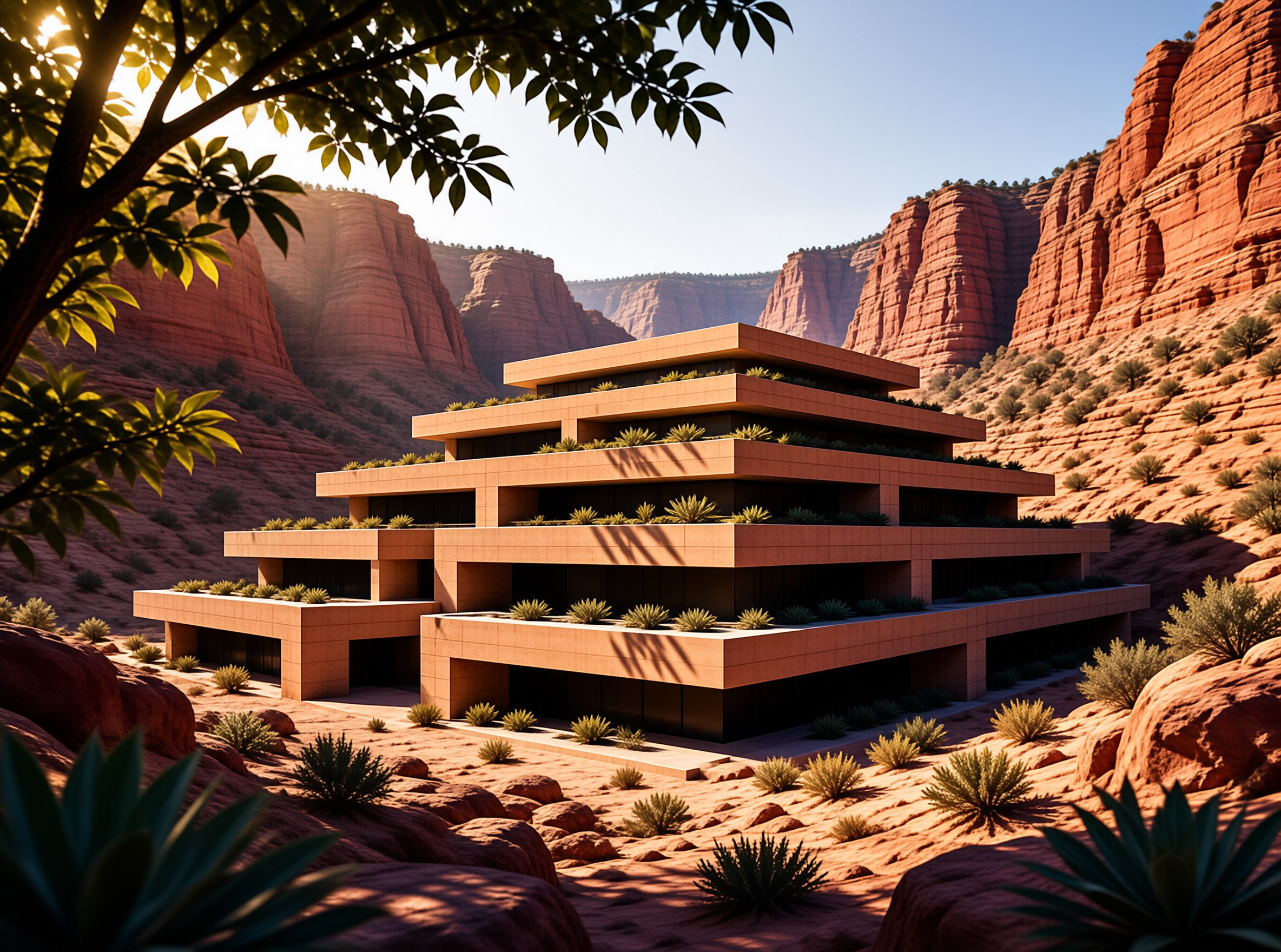 A stepped modern building with planted terraces rises among red canyon walls and desert agave in warm sunlight.