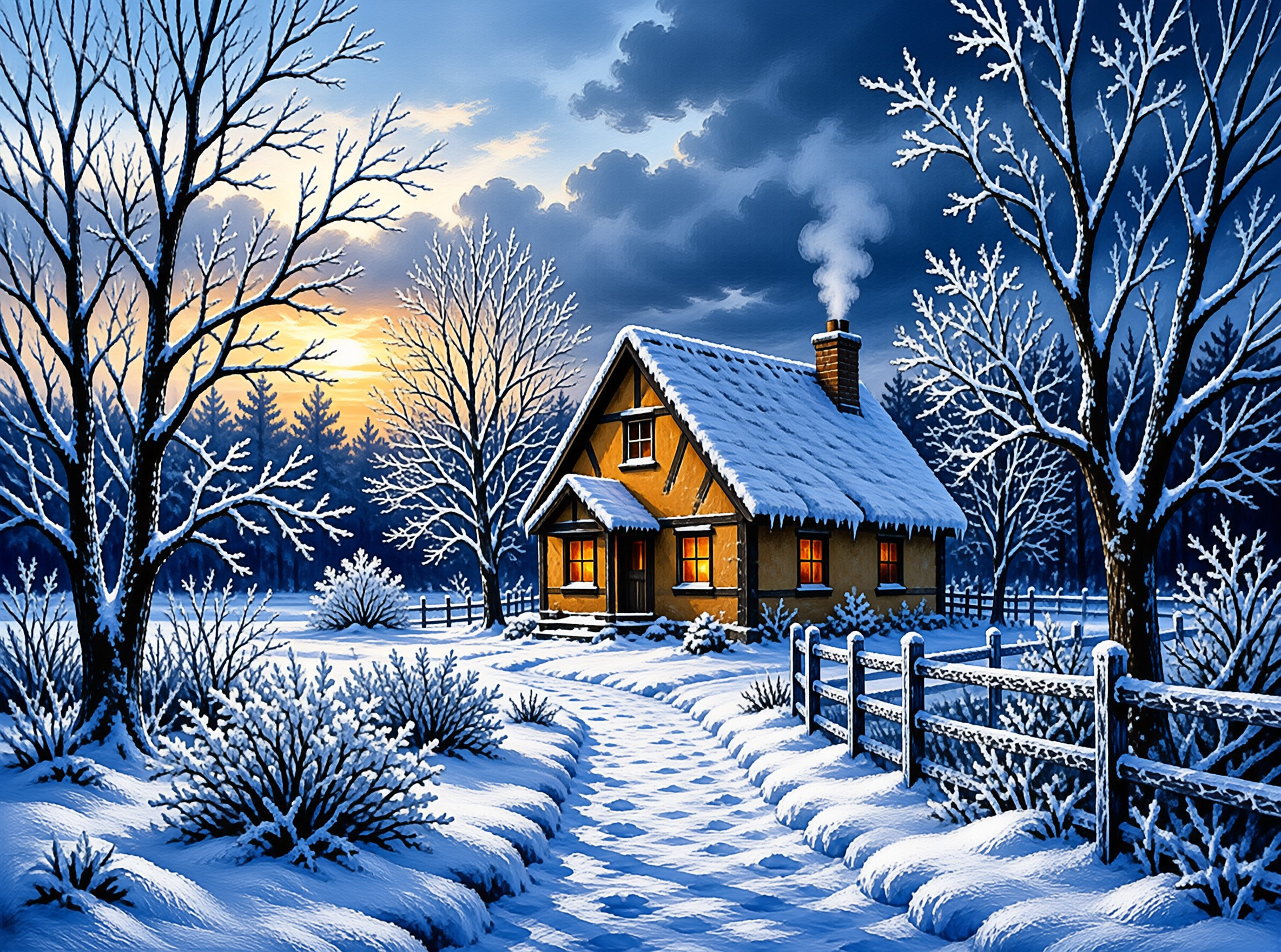 A yellow cottage with glowing windows sits in a snowy field surrounded by frosted trees and a wooden fence under a twilight sky.