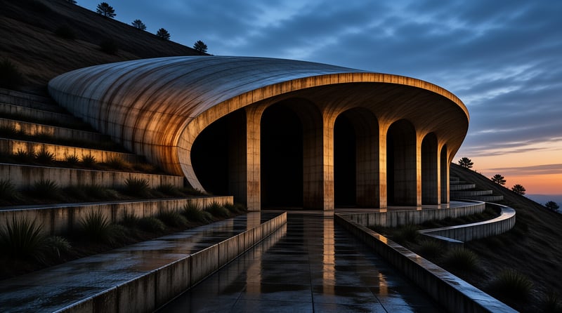 A large curved concrete building with arches sits on a wet hillside at dusk under a cloudy sky.