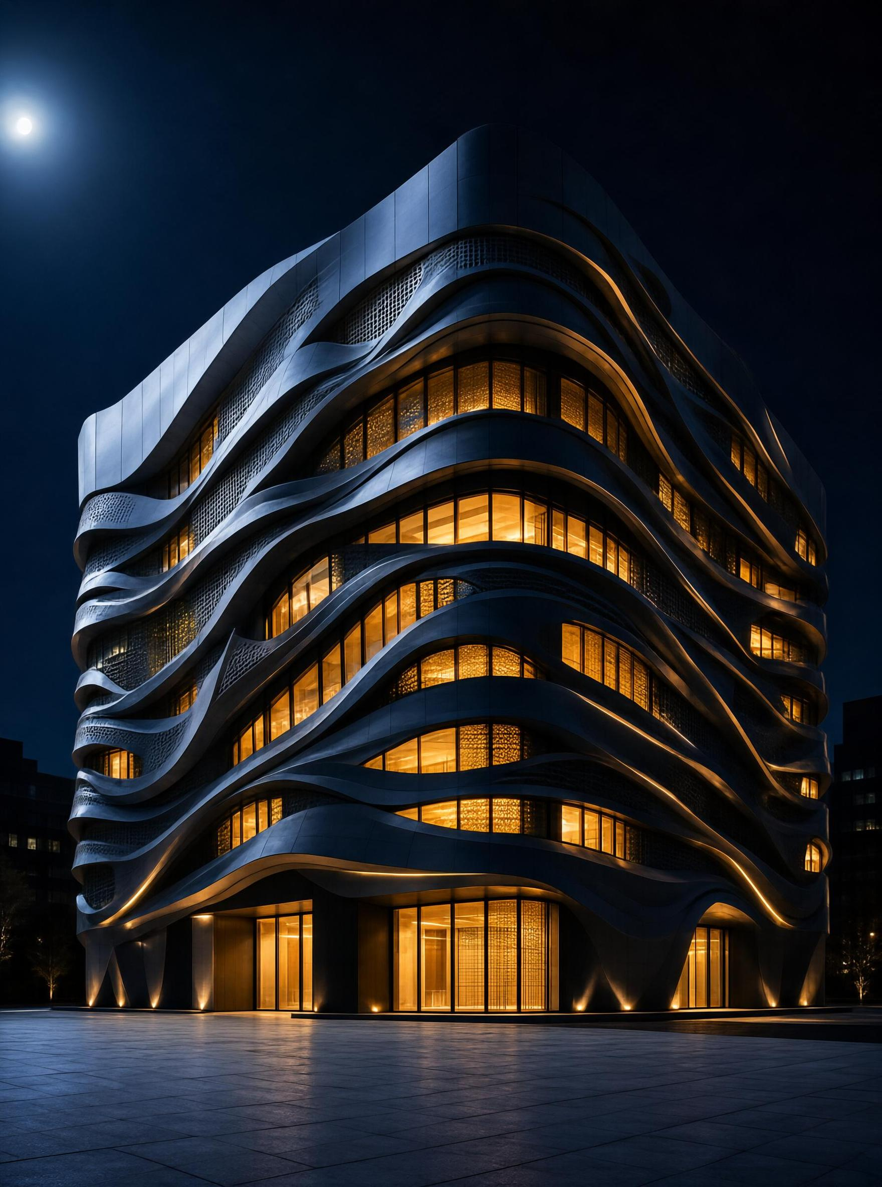 Wavy Modern Building at Night