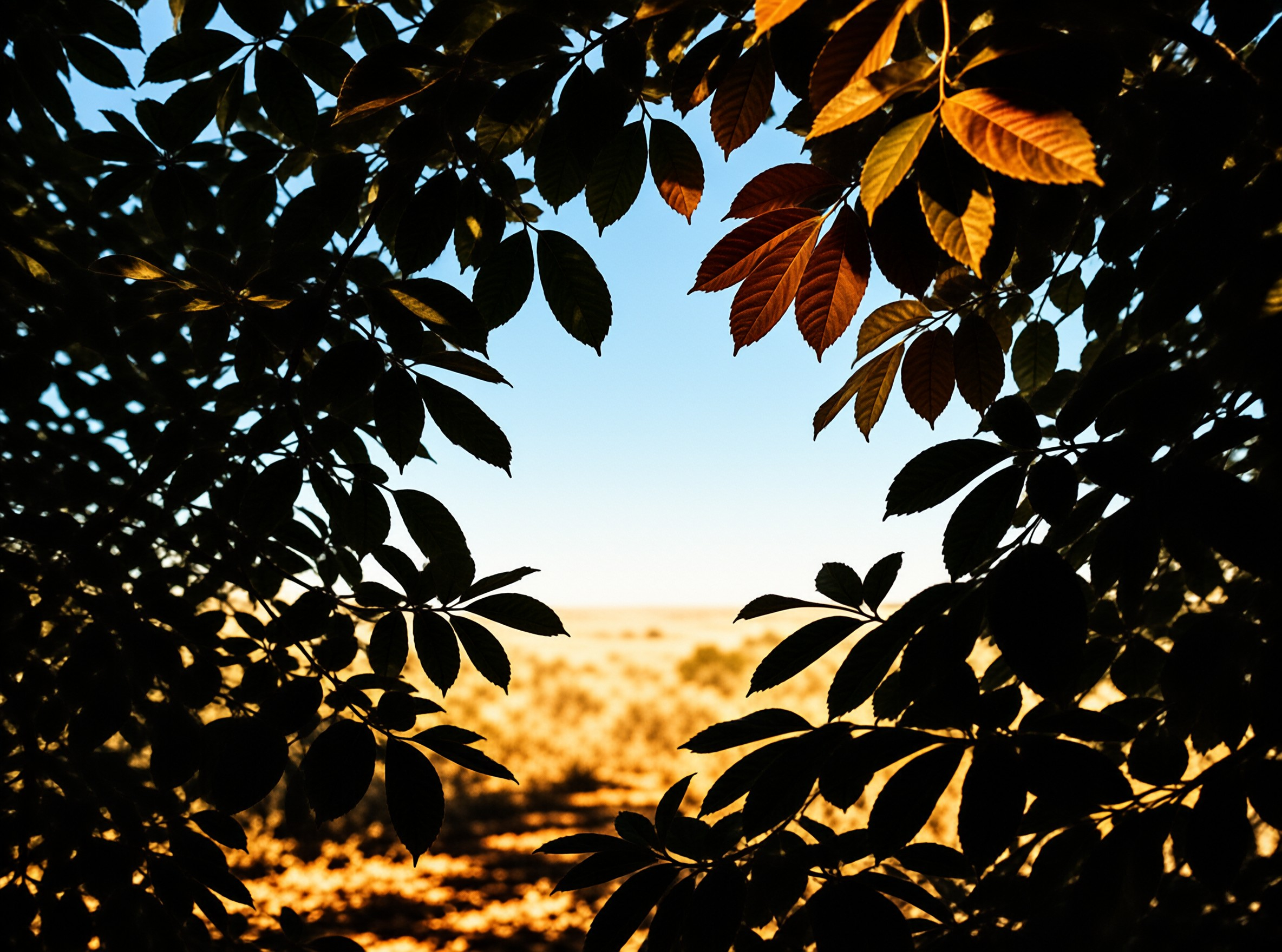 Dark foliage creates a natural frame around a sunlit golden field stretching towards a soft blue horizon.