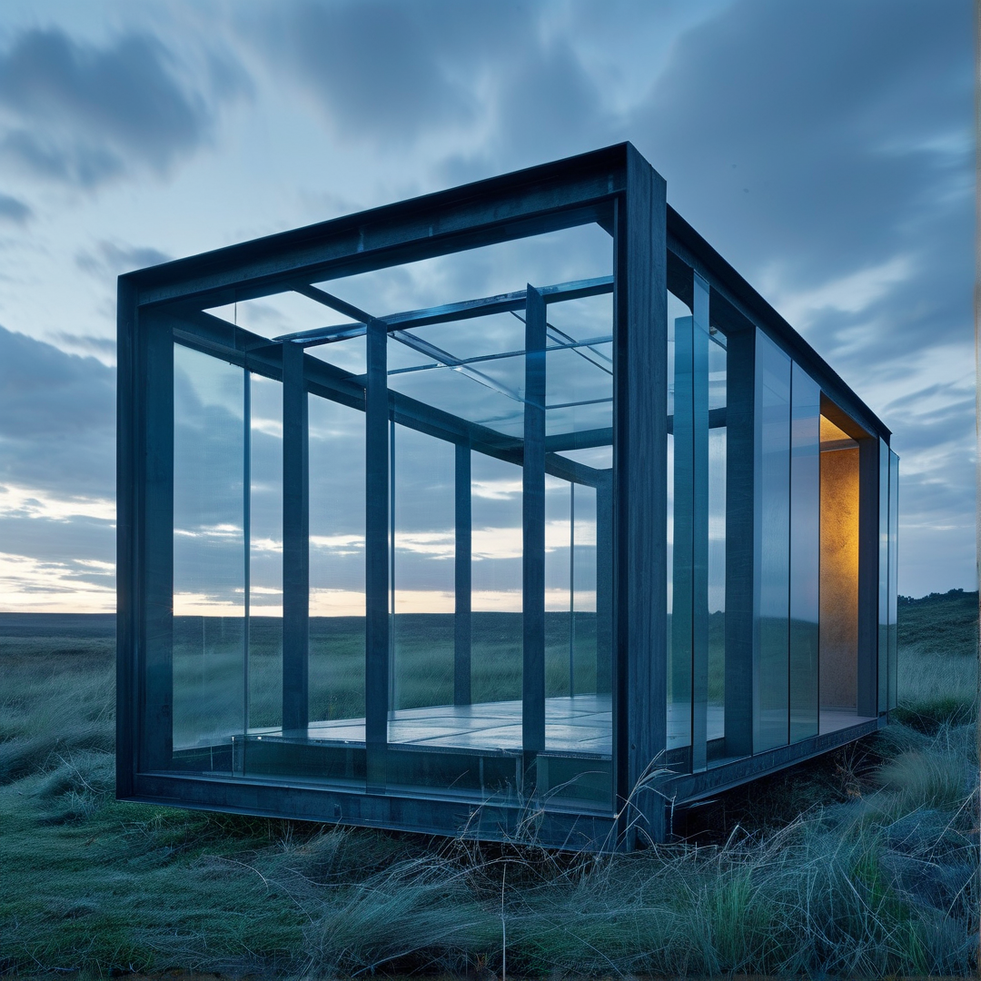A glass shelter rests on a platform in a grassy field, illuminated by warm light under a blue cloudy sky.