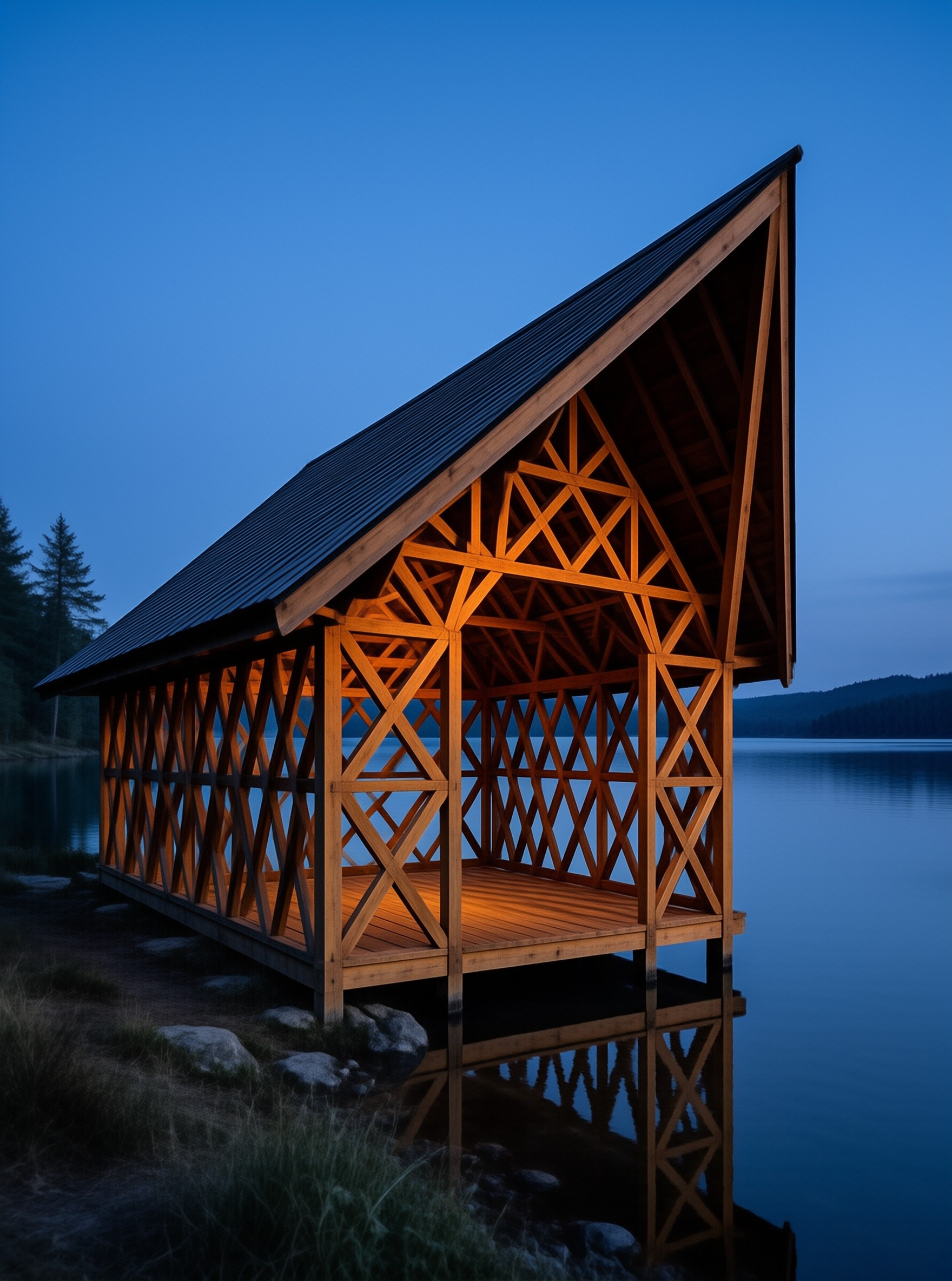 Wooden pavilion with crisscrossing beams on calm lake under blue sky, warm light reflecting in water.