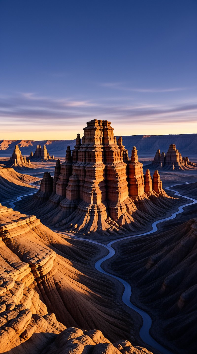 A winding river flows past towering eroded rock formations bathed in warm golden light against a deep blue sky.