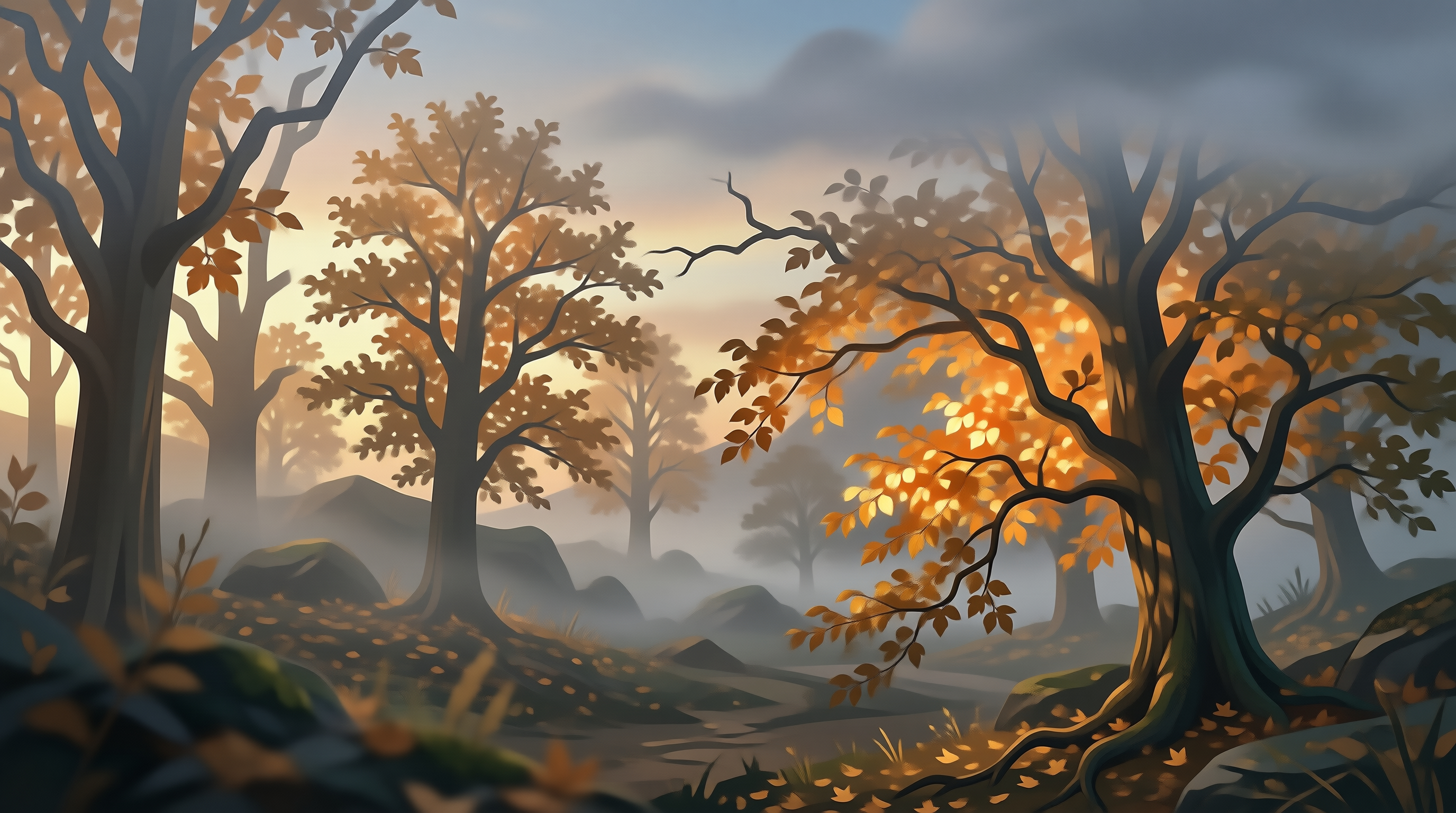 Misty Autumn Forest Scene