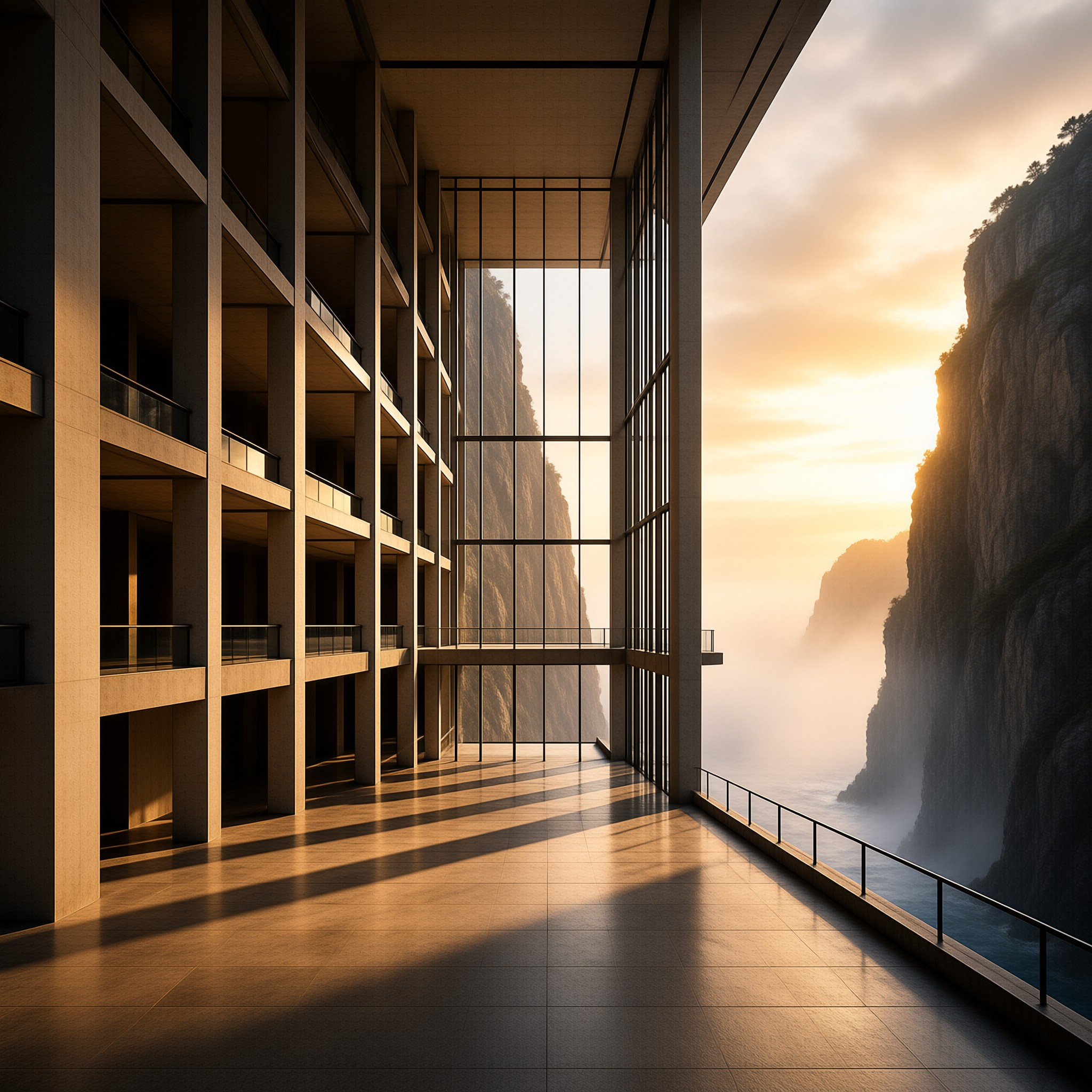 A long hallway with concrete pillars looks out over a misty canyon where golden light illuminates the rock faces.