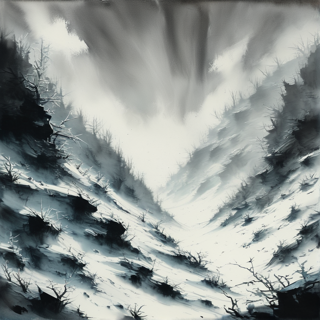 Monochromatic artwork of a snowy valley with dark rocky sides and bright white fog swirling through the center gap.