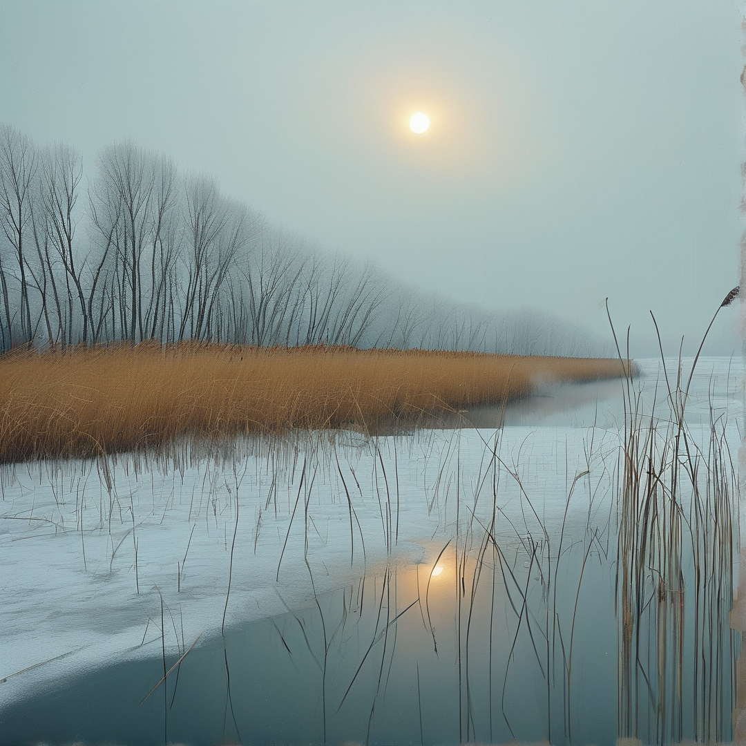 Tall brown reeds stand at the edge of a frozen lake reflecting a low sun in the misty sky.