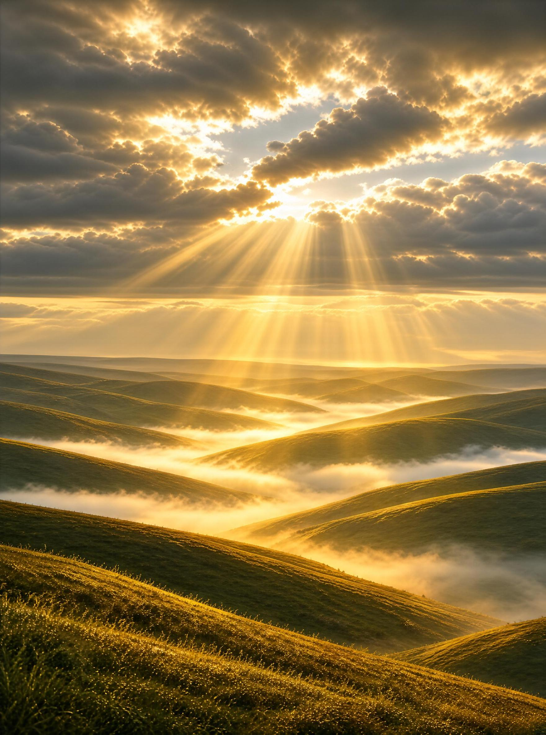 Golden Sunbeams Over Hills