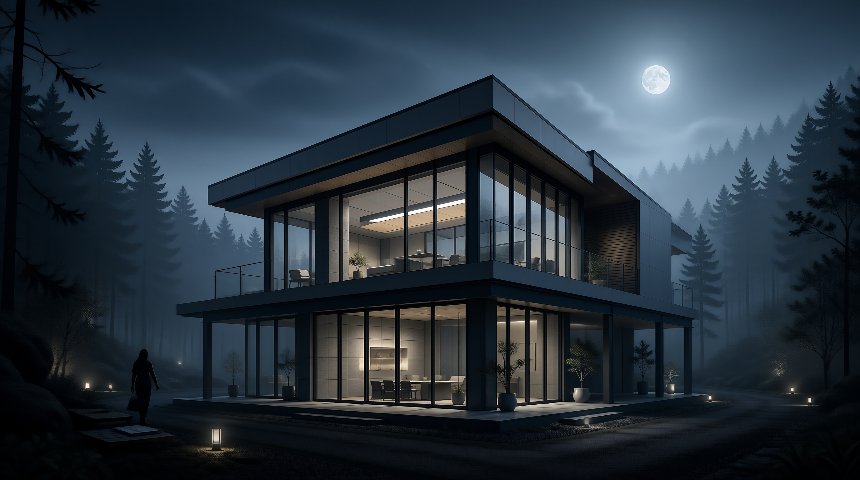 Glass House in Moonlit Forest