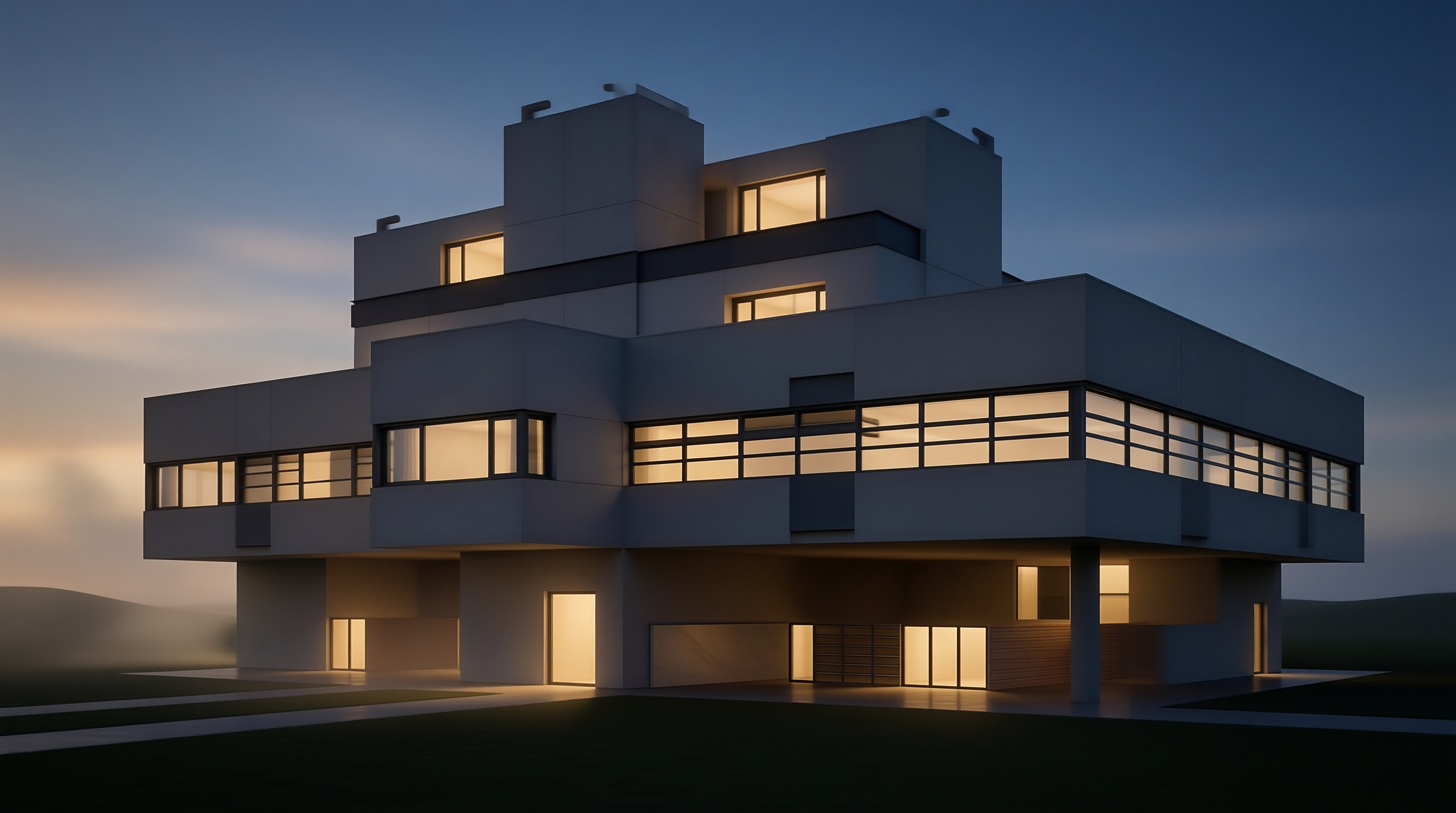 Modern Cubic House at Dusk