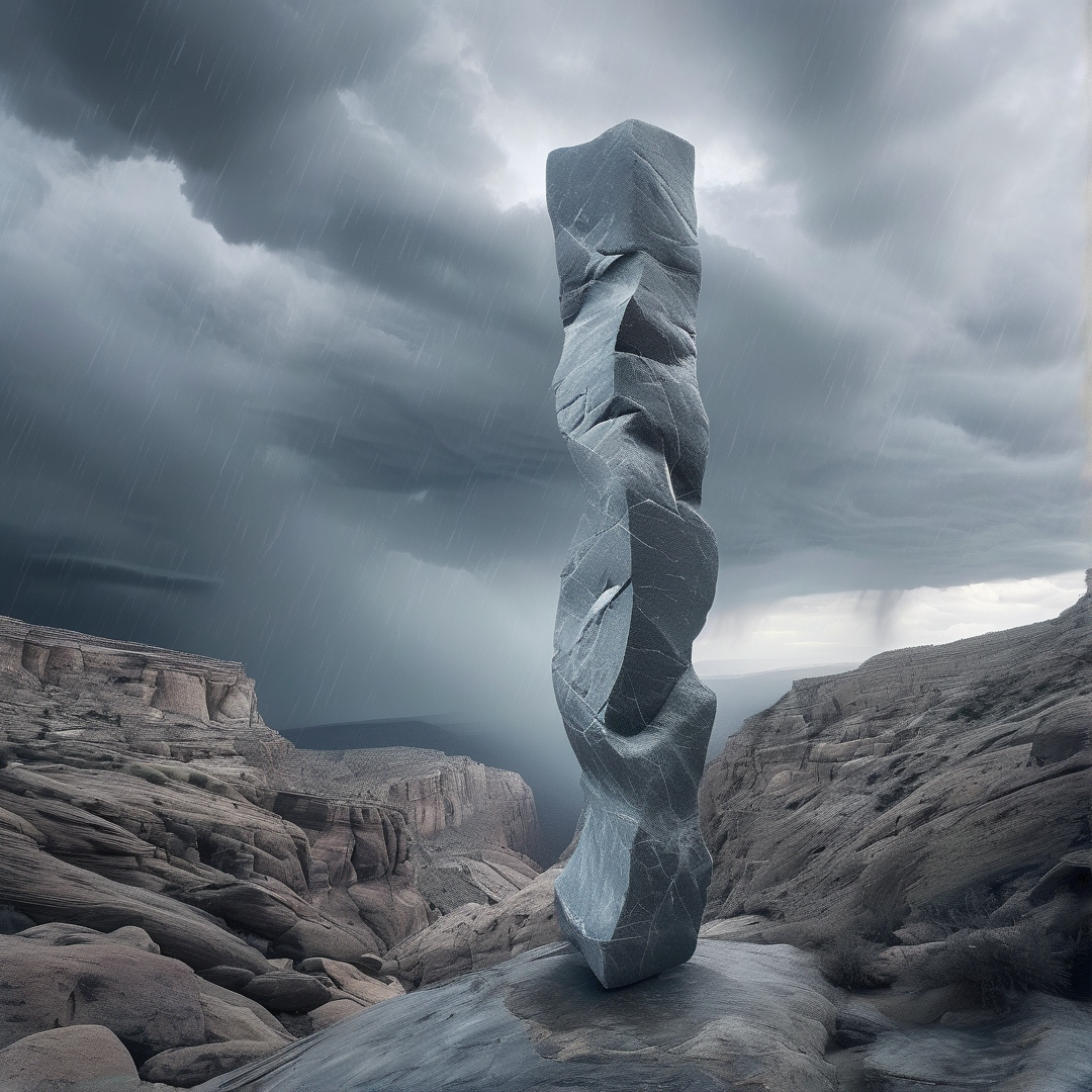 A tall twisted stone sculpture stands in a rain-soaked desert canyon under heavy storm clouds