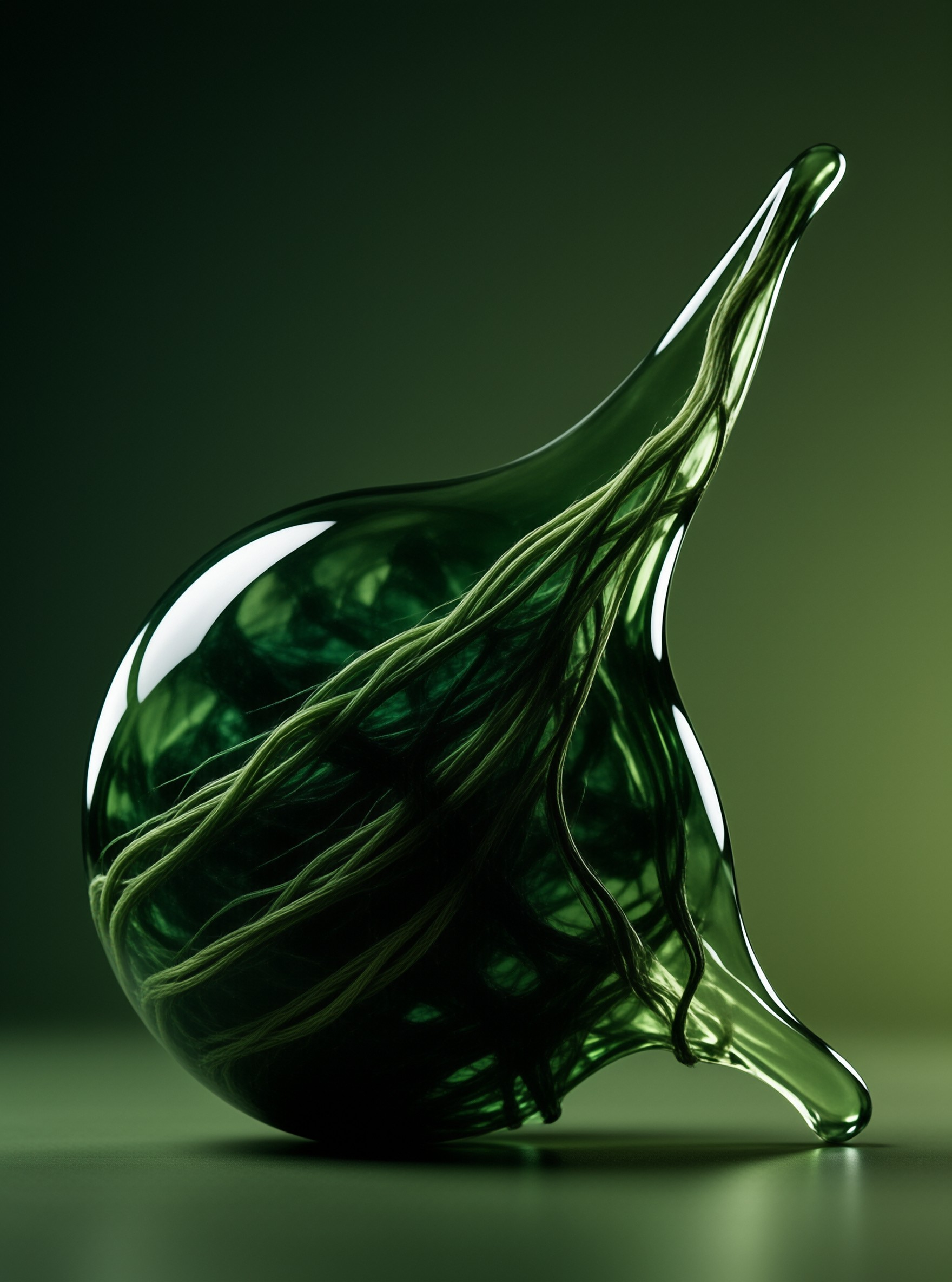 A translucent emerald glass object features internal swirling strands against a dark backdrop with bright highlights.