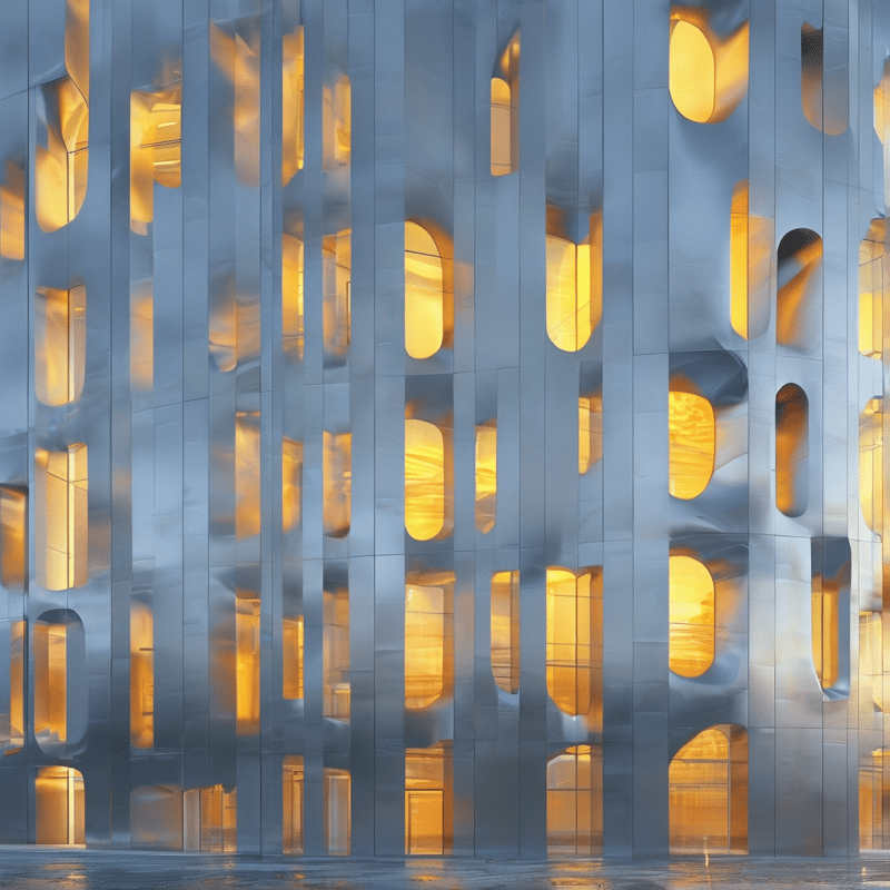 Metallic building exterior with vertical panels and irregular cutouts revealing warm yellow interior lighting against cool grey surfaces.