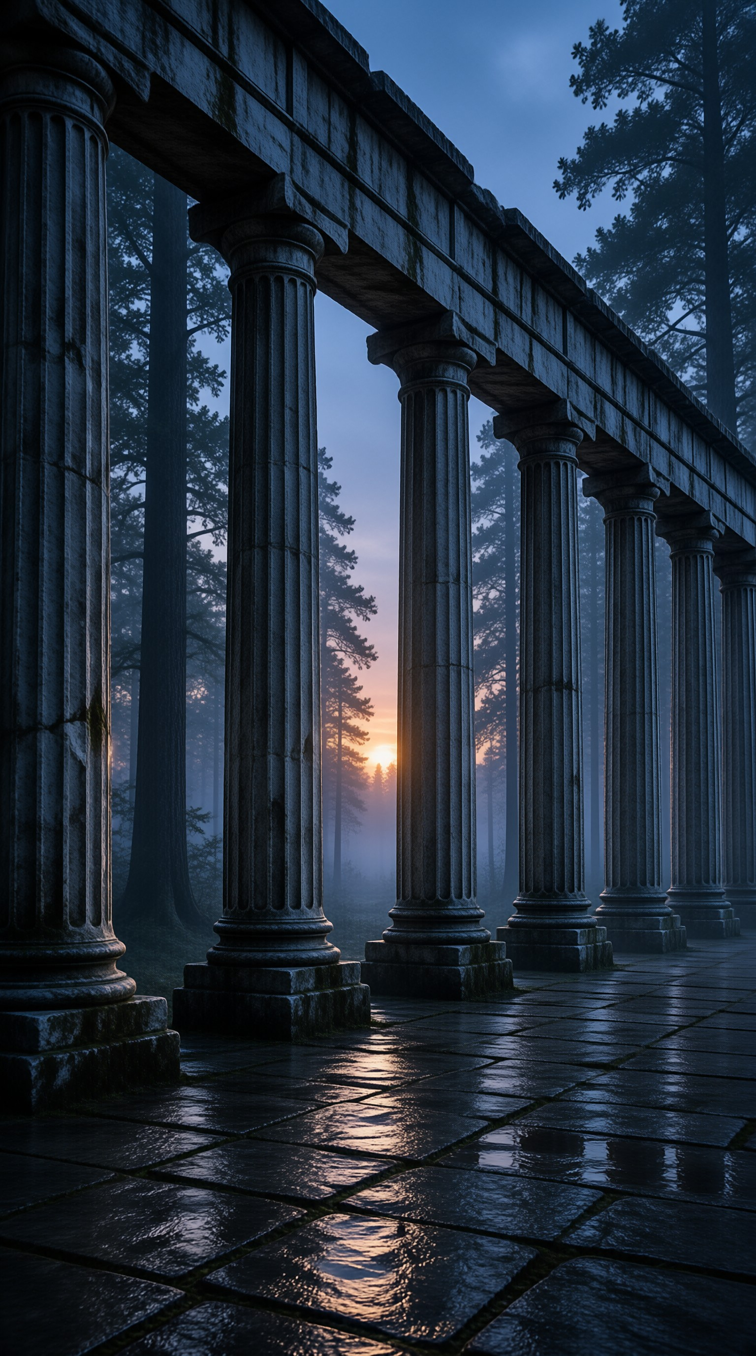 Fluted stone columns line a wet pathway in a dense forest as warm dawn light filters through the misty trees