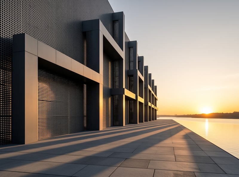 Deep bays of punched metal screening line a broad promenade as the low sun sets fire to the water beyond