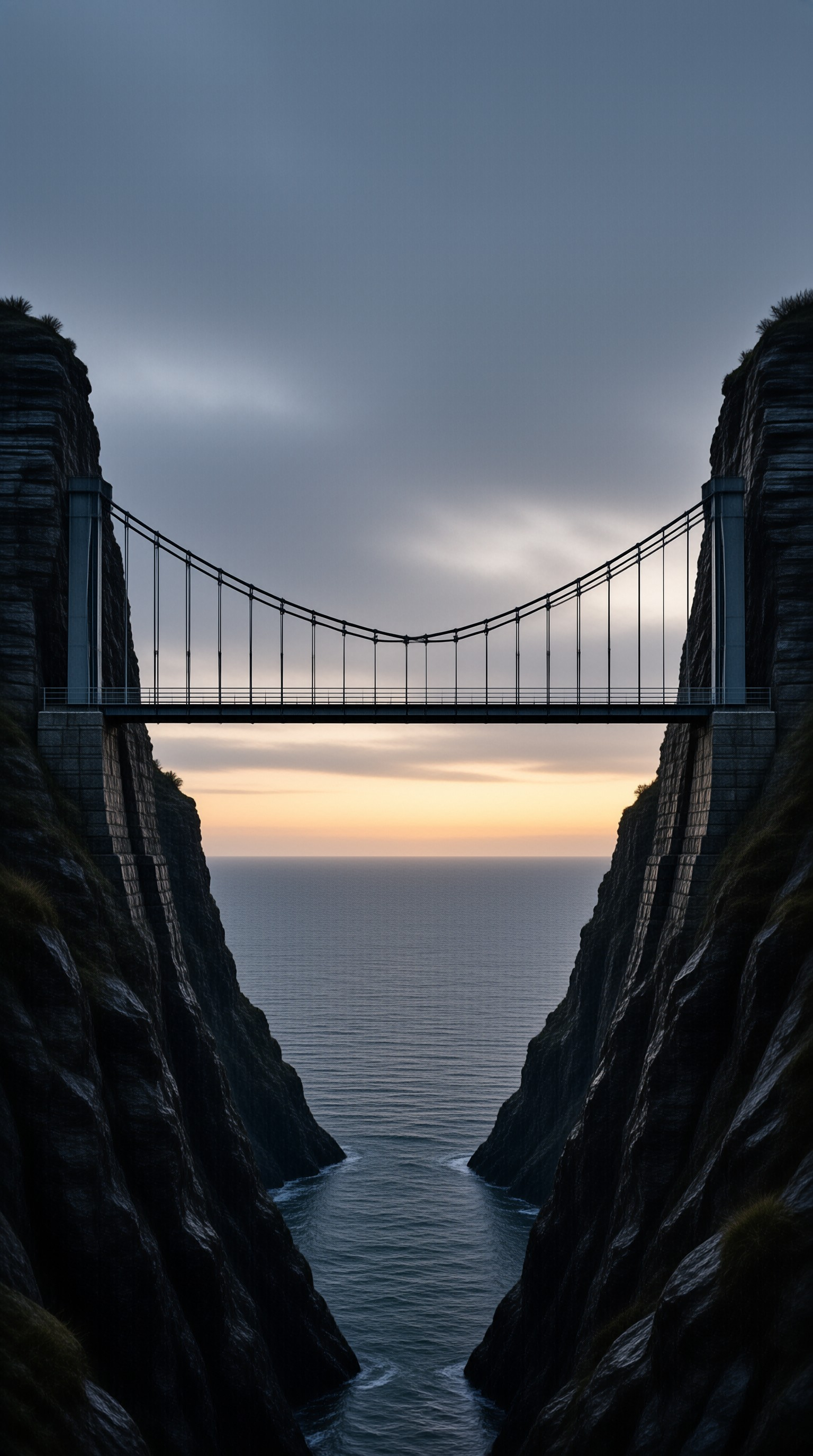 A slender footbridge links two sheer cliffs above a calm ocean as soft sunset light colors the horizon.