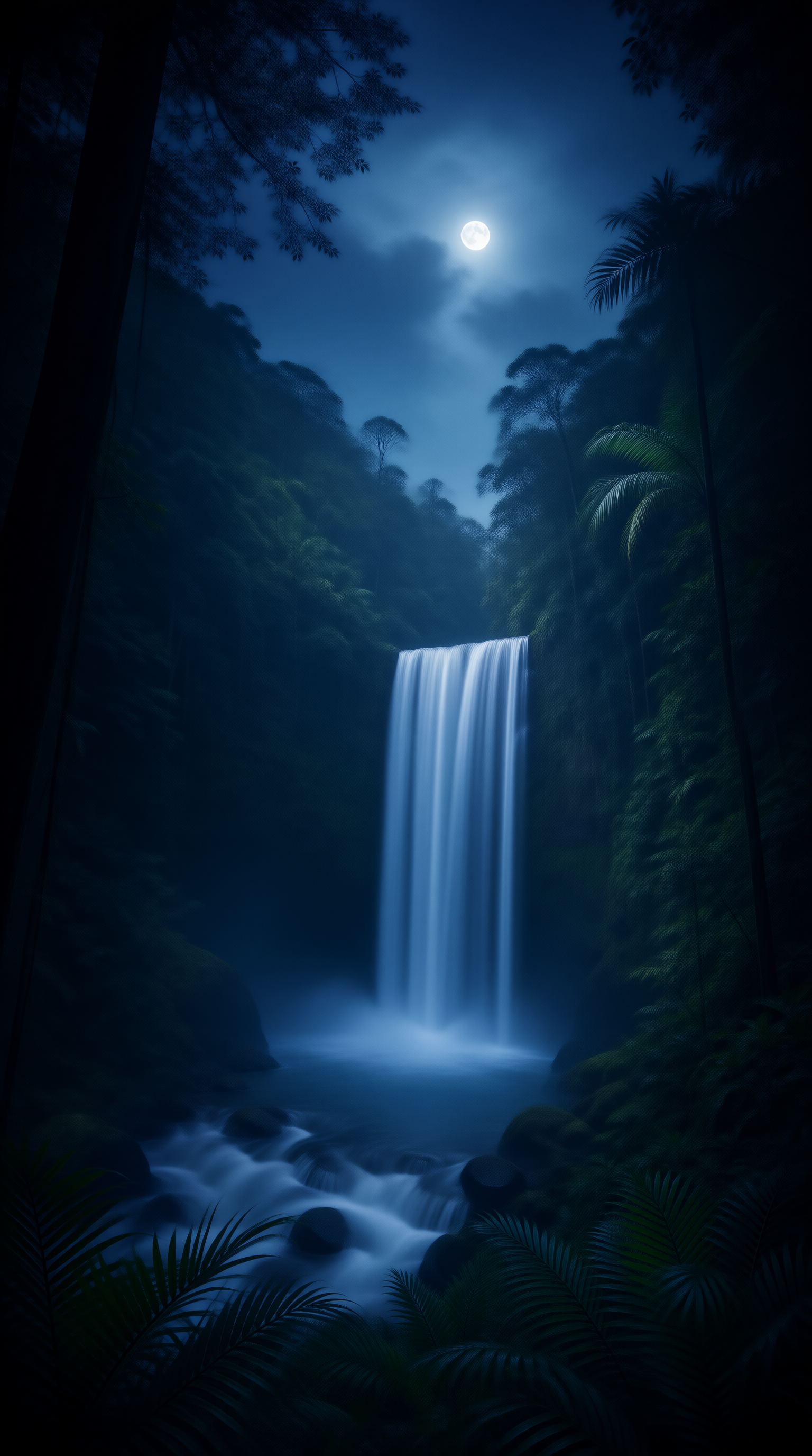Moonlit Waterfall in Jungle