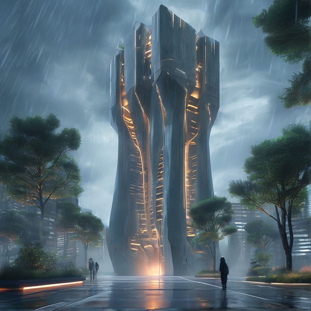 Futuristic Tower in Rain