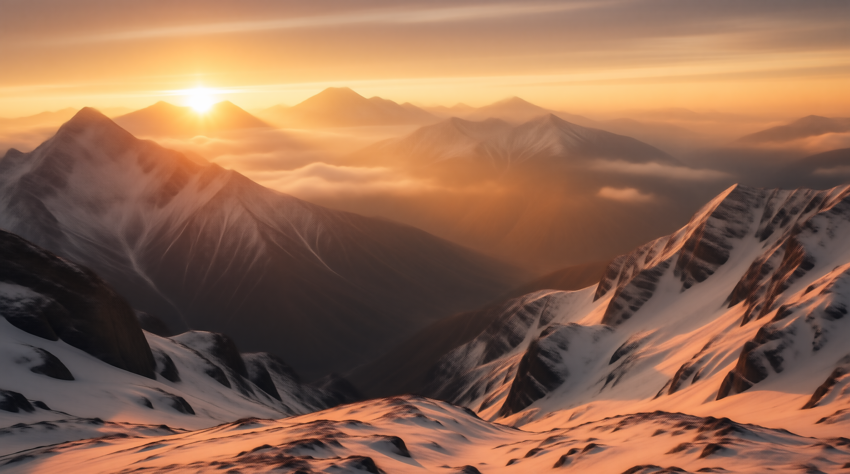 Sunrise Over Snowy Mountains