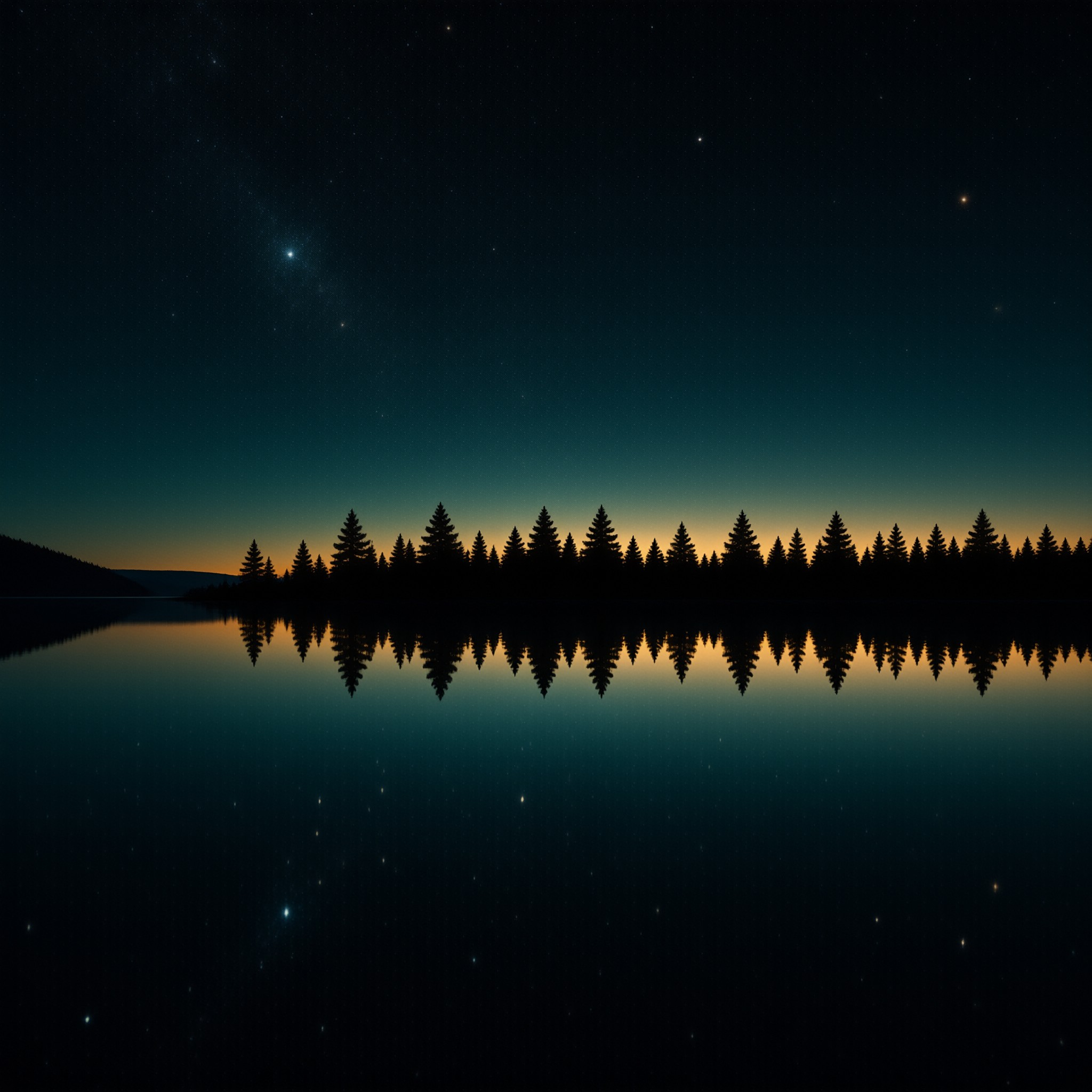 A black spruce treeline divides an amber afterglow from a glassy lake full of mirrored stars at nightfall.