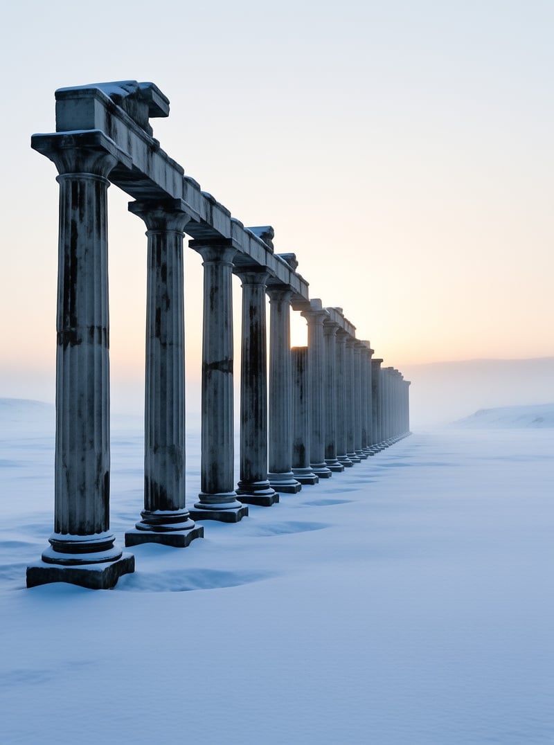 Weathered stone columns line a snowy path as soft light shines through the gap in the distance.