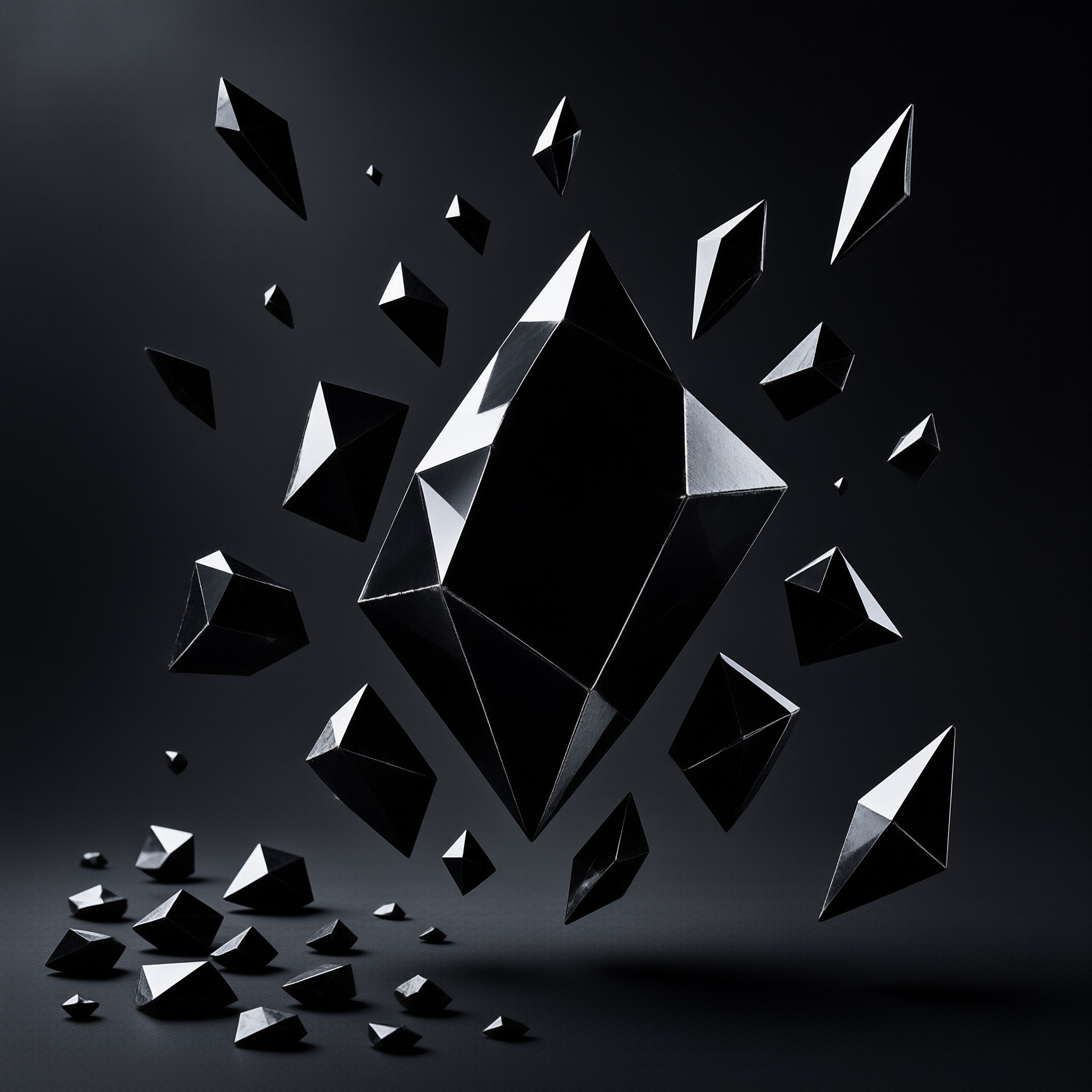 Black geometric objects explode outward above a flat dark plane with bright sharp highlights.