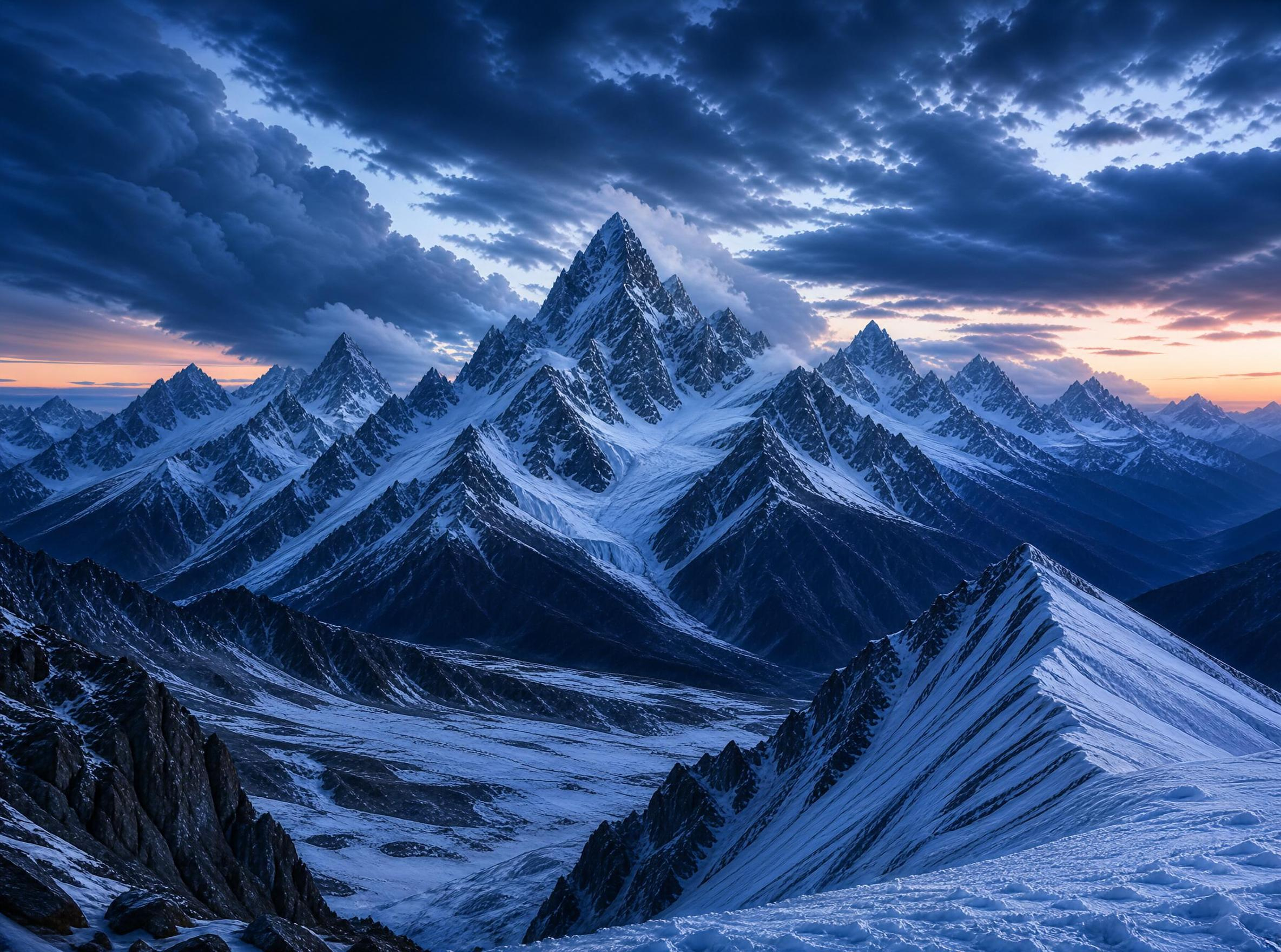 Snowy Mountain Peaks at Dusk