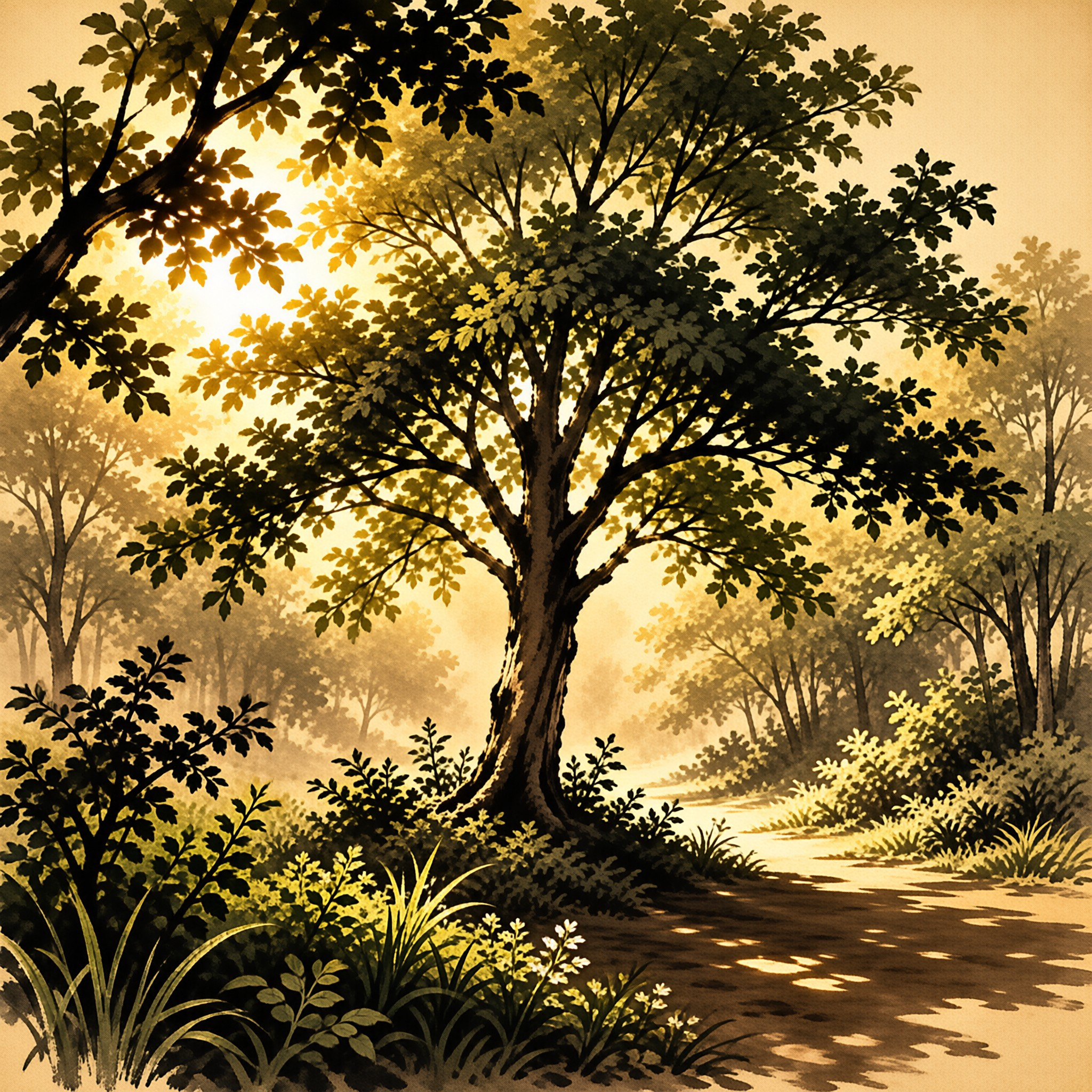 A large leafy tree stands beside a dirt path as golden sunlight filters through the surrounding misty woodland.