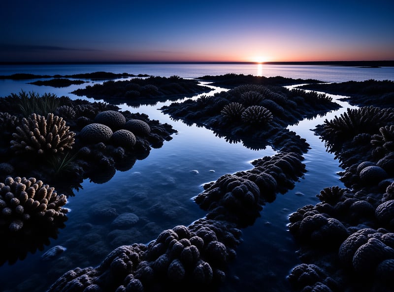 Shallow reef channels lead the eye toward a low sun casting warm light over dark coral formations and blue water.