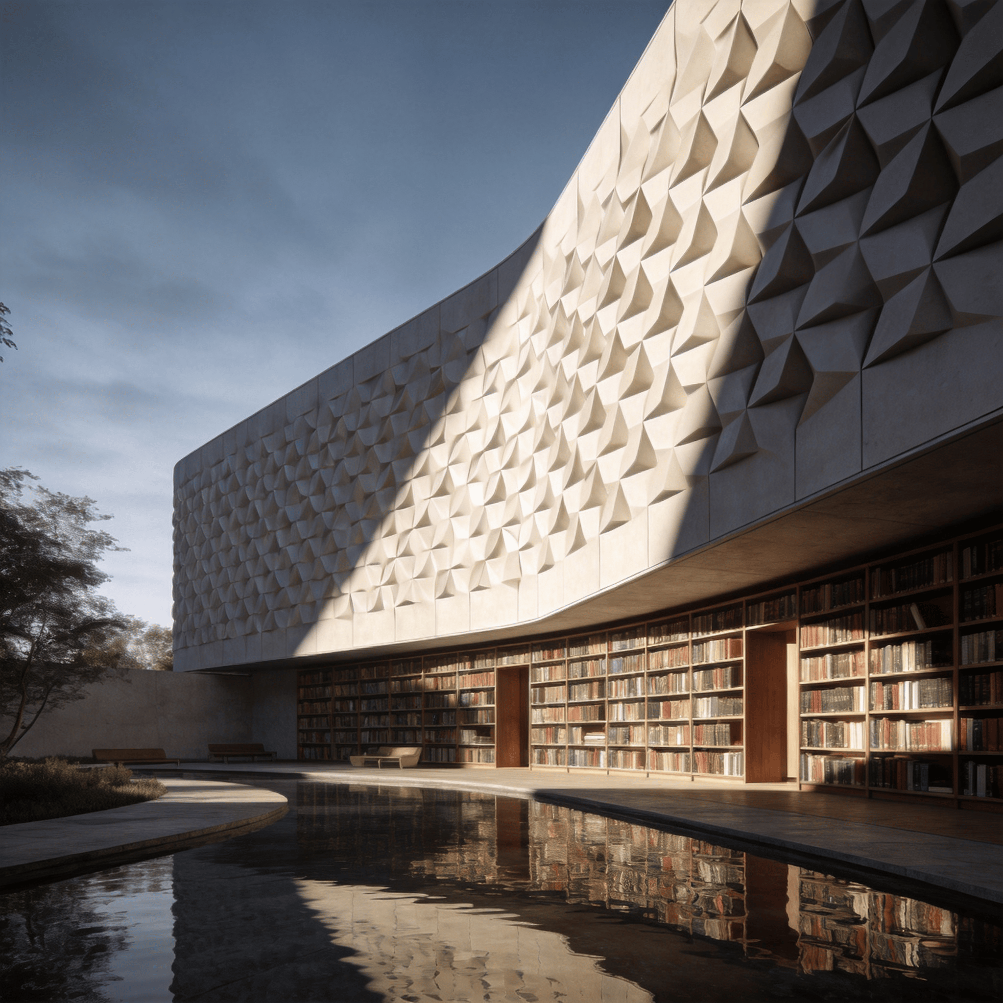 Library with Parametric Facade — Reflecting Pool