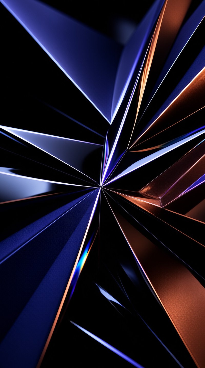 Angular fragments burst from the center against a dark void while bands of neon blue and metallic orange create a radial pattern.