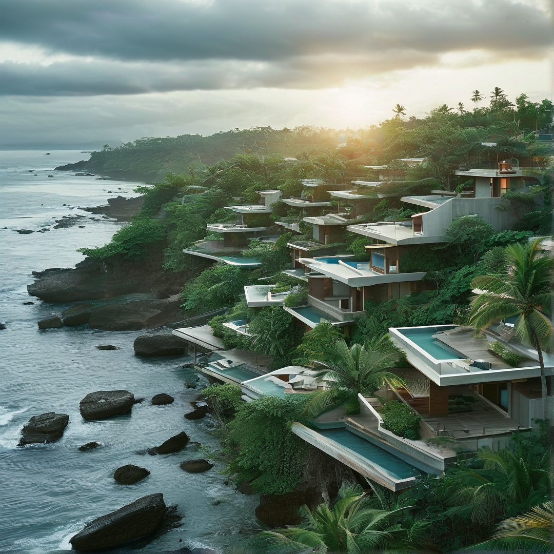 Architectural buildings with infinity pools are nestled into lush green hills overlooking the ocean with dramatic clouds above.