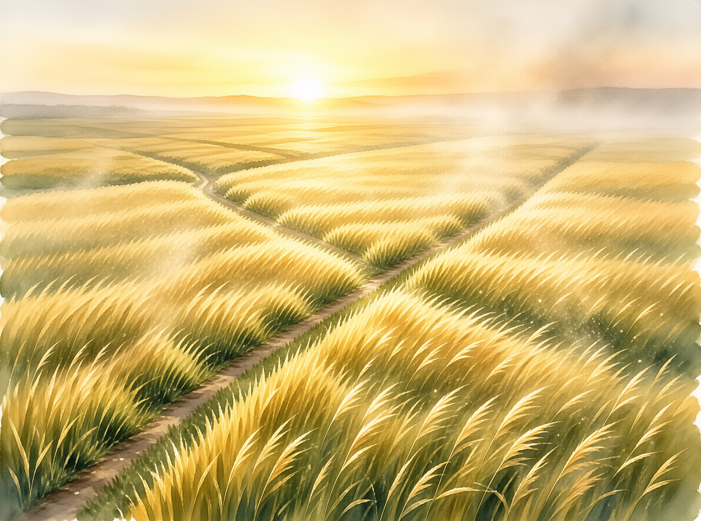A dirt trail winds through tall ripe wheat fields rolling to a hazy low sun over distant misty hills at dawn.