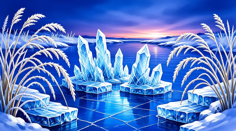 Sharp crystalline structures rise from a dark reflective water surface surrounded by frost-covered reeds under a gradient sky transitioning from deep indigo to pink and orange near the distant horizon.