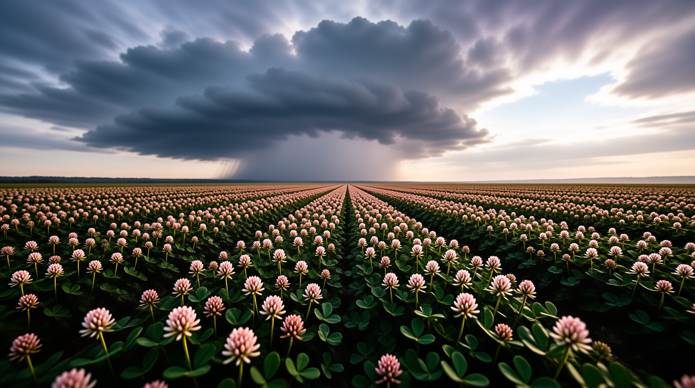 Rows of pink clover flowers stretch across a vast green plain beneath heavy dark clouds and beams of breaking sunlight.