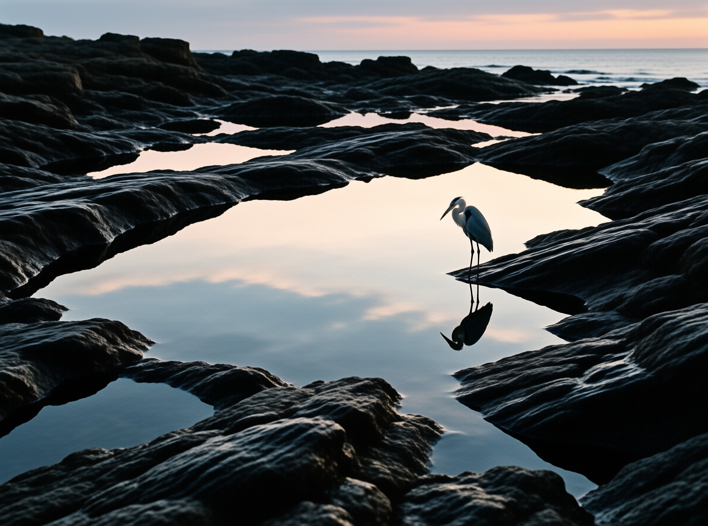 A grey heron stands at the edge of a still rock pool whose surface mirrors a soft pink dusk sky.