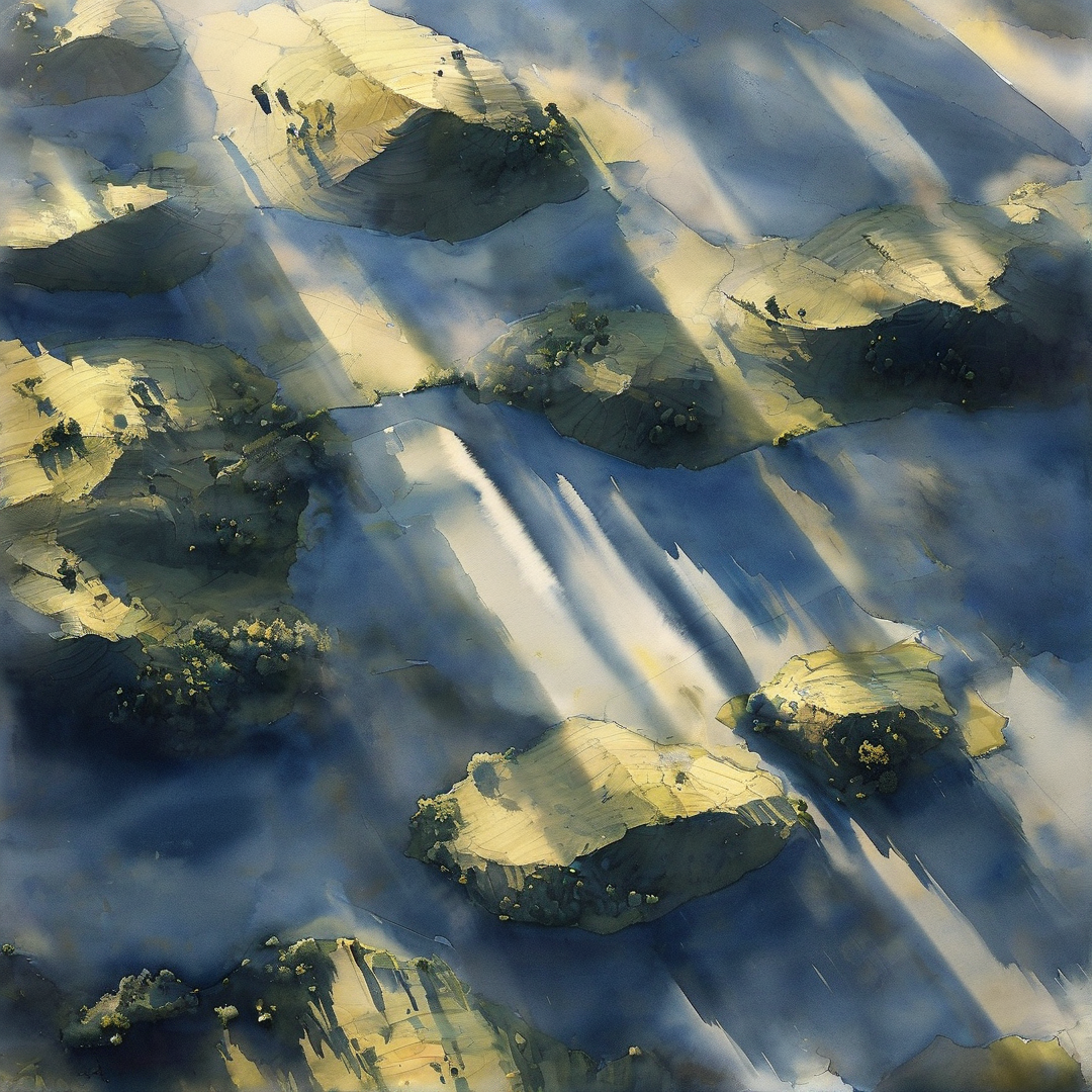 A painterly view of scattered land patches in blue water, illuminated by sharp diagonal sunbeams casting dark shadows.