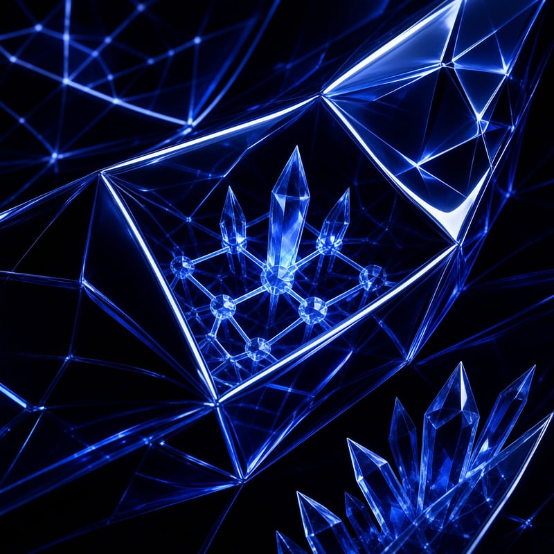 A dark digital scene featuring blue geometric shapes that resemble faceted crystals and a glowing wireframe network creating depth.