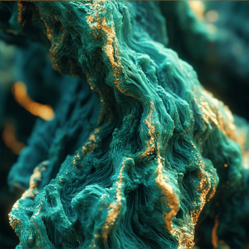 Close layers of teal green fiber swirl and fold catching scattered flecks of bright gold in soft side light