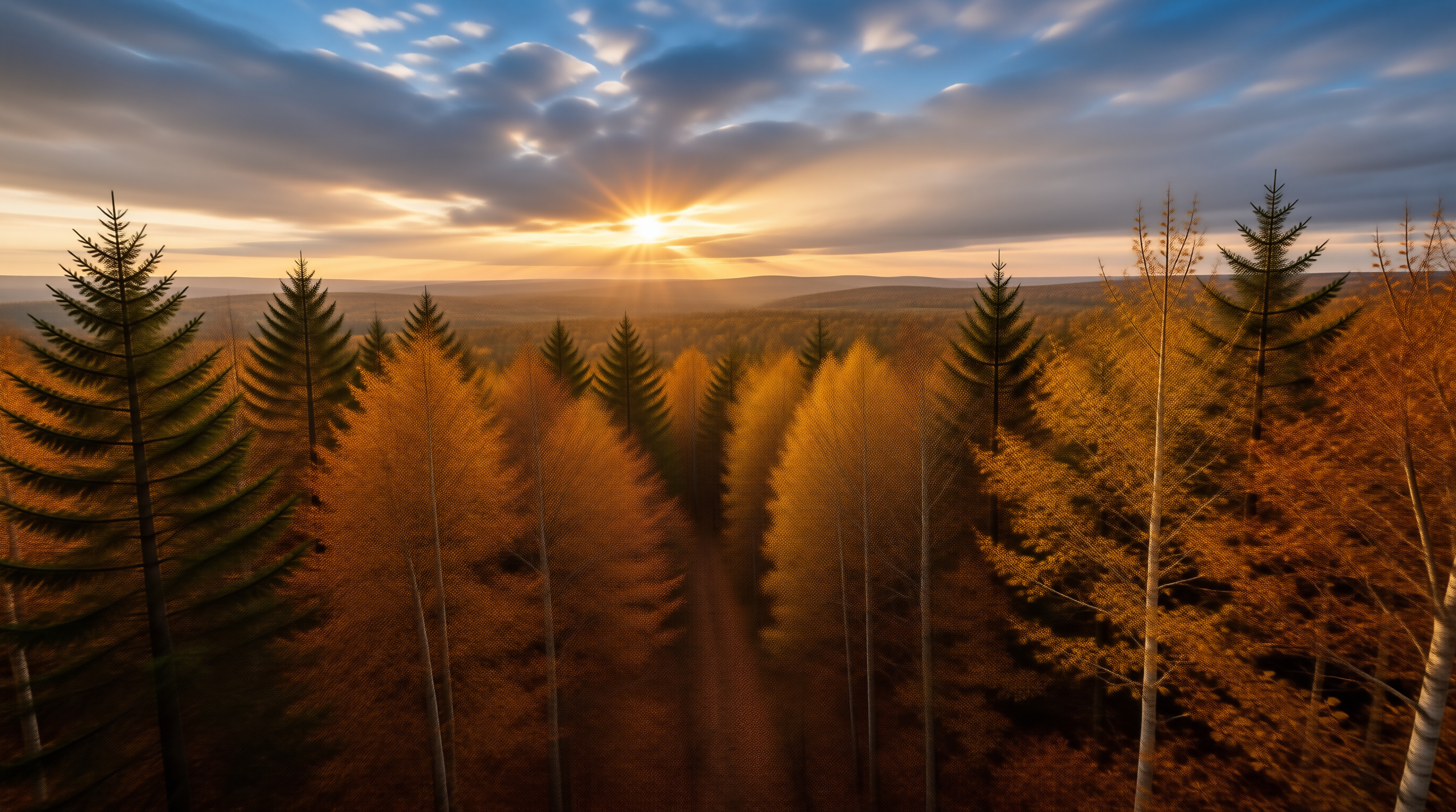 Sunset Over Autumn Forest