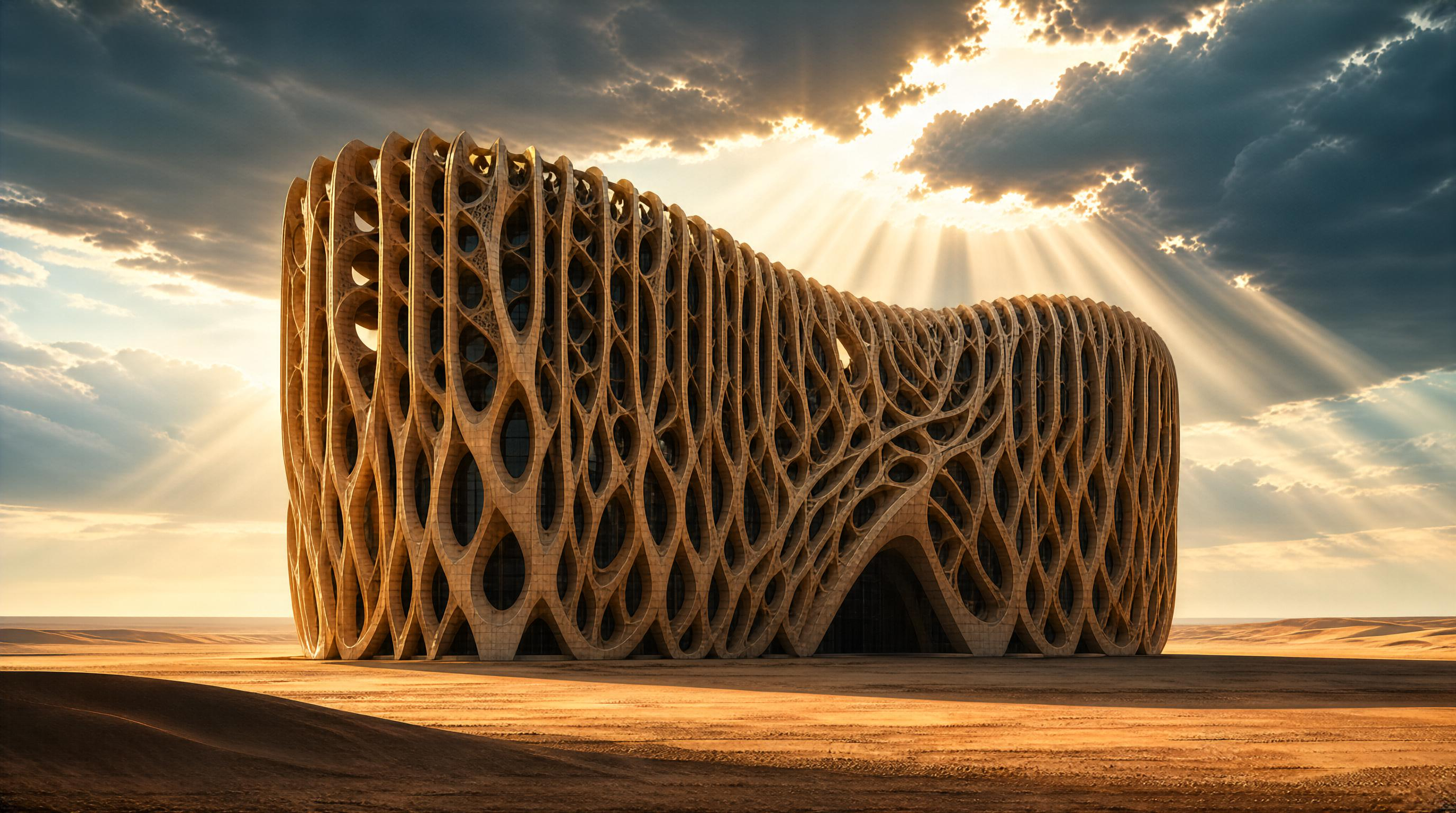 Futuristic Desert Building with Organic Lattice