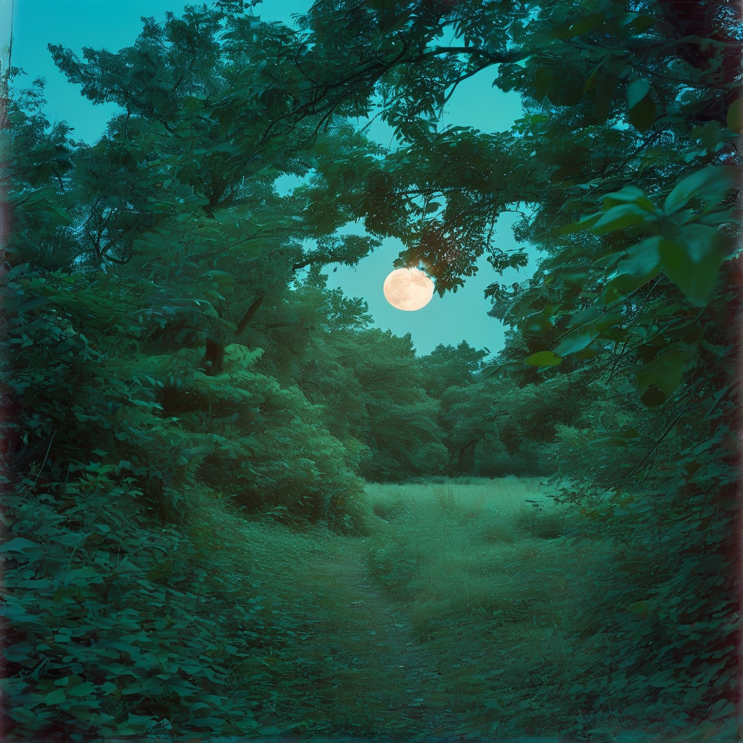 A winding dirt trail disappears into a dark wood while a full moon shines brightly above the leaves.