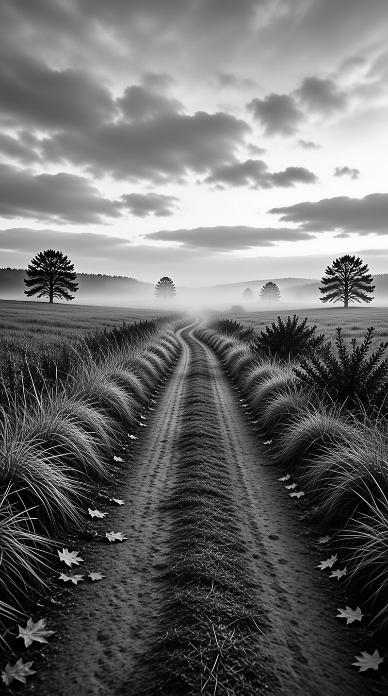 A black and white photograph shows a winding dirt road curving through a vast grassy field towards a foggy horizon dotted with scattered trees.