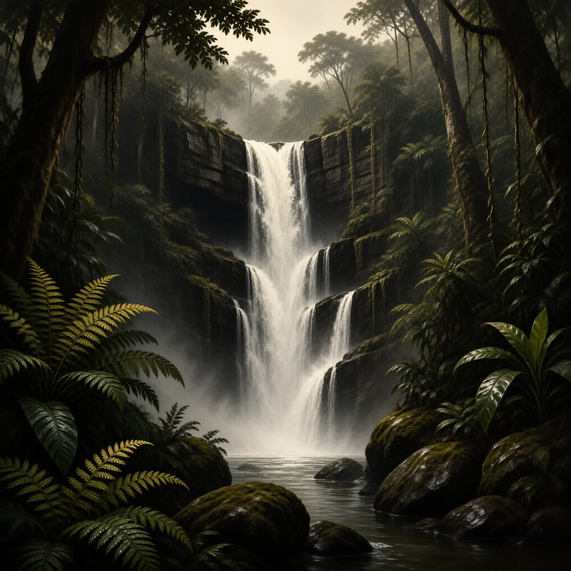 A powerful waterfall streams down dark cliffs surrounded by dense green foliage and morning mist.
