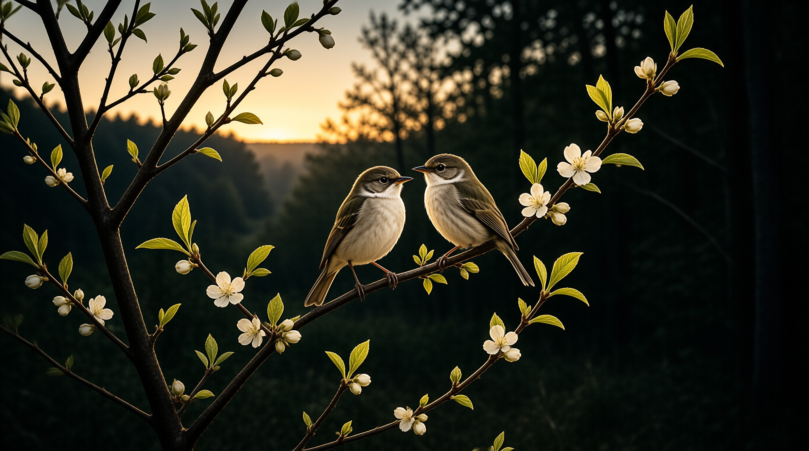 A pair of small songbirds rest on a flowering tree limb with warm golden sunset light glowing over a dark forested hillside behind them.