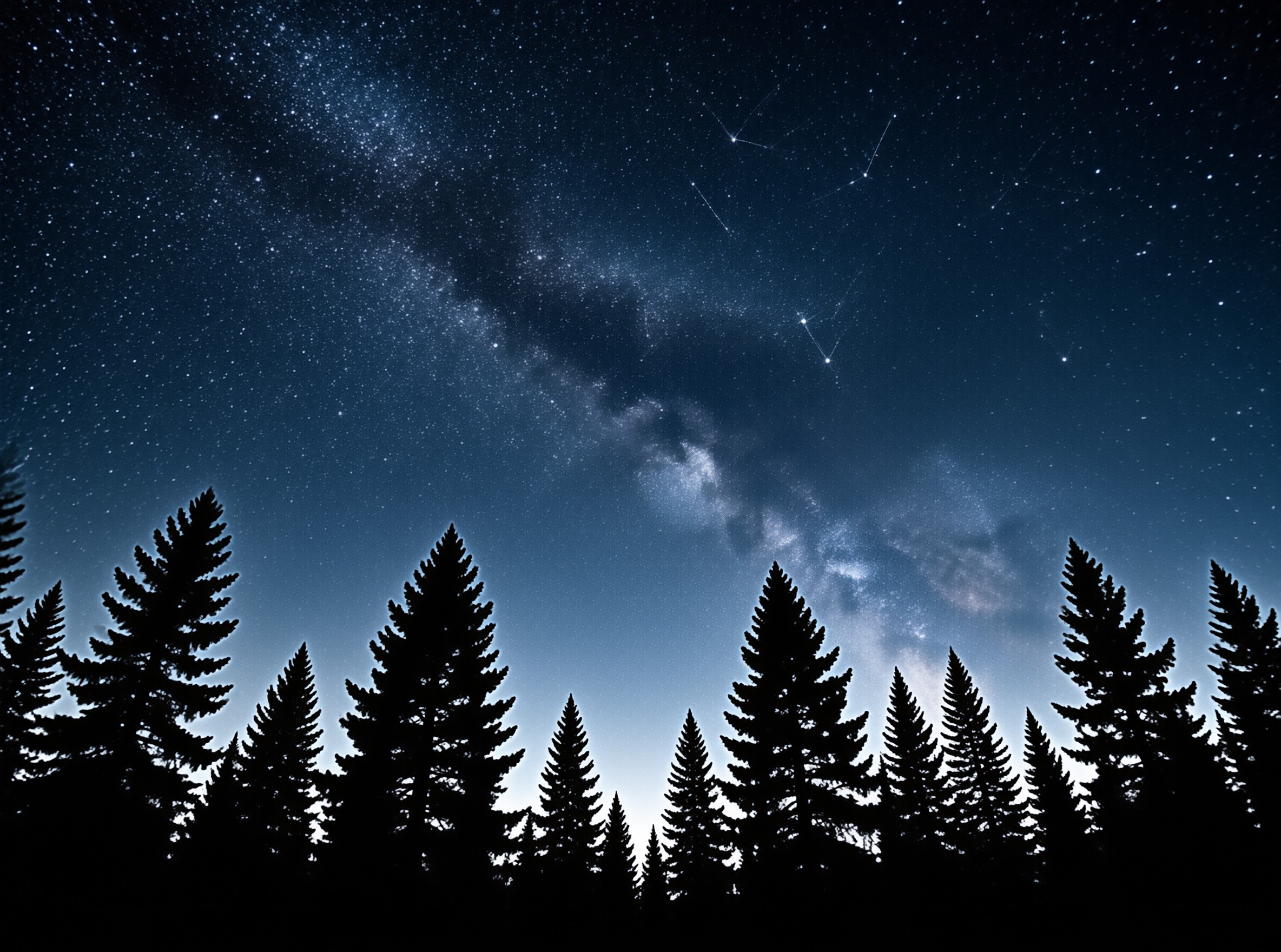 Black conifer silhouettes stand beneath a dense spray of stars and glowing nebula clouds crossing the night